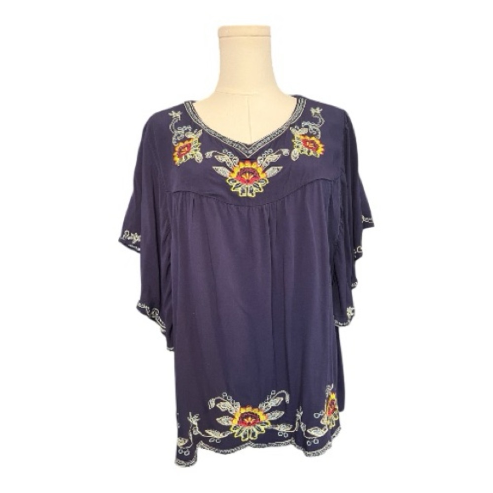 💙💛 EUC PARAMI DESIGNS Navy Boho Embroidered Flutter Sleeve Peasant Blouse | 2X